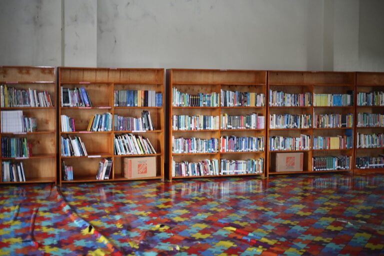 Bir kütüphanede yan yana sıralanmış kitap rafları